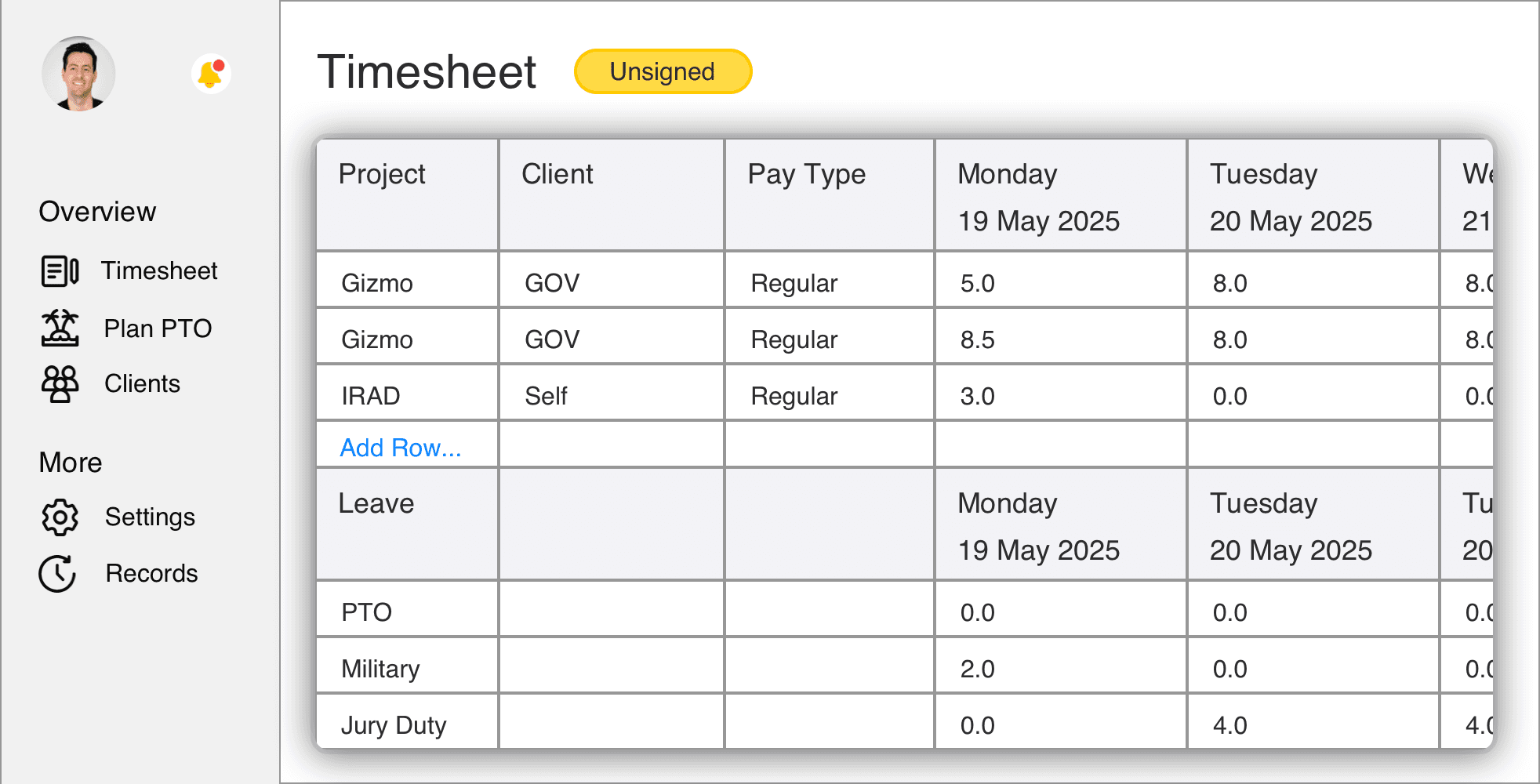 Screenshot of Track Hours interface